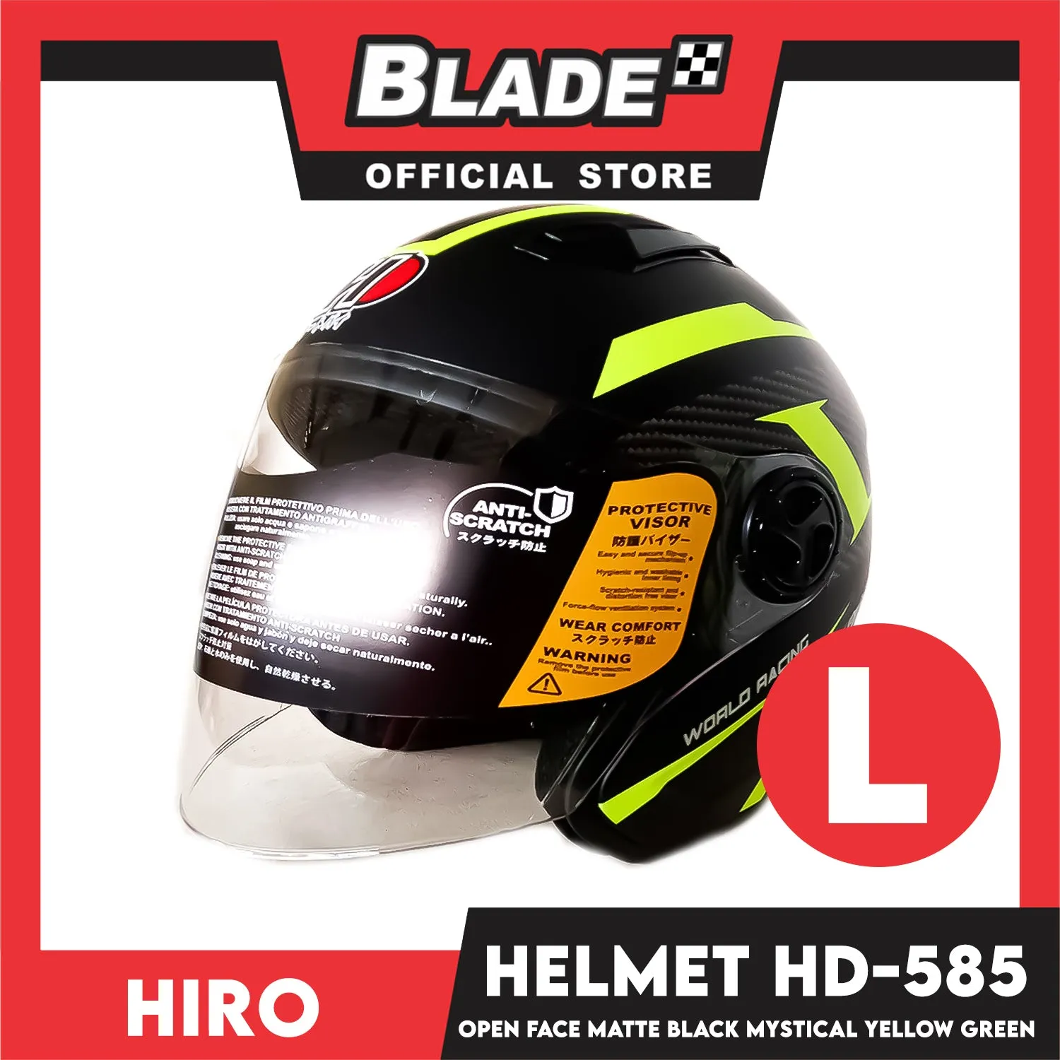 HIRO Helmet OF (Large) HD-585 Matte Black Mystical Yellow Green Color (Open Face, Half Face)