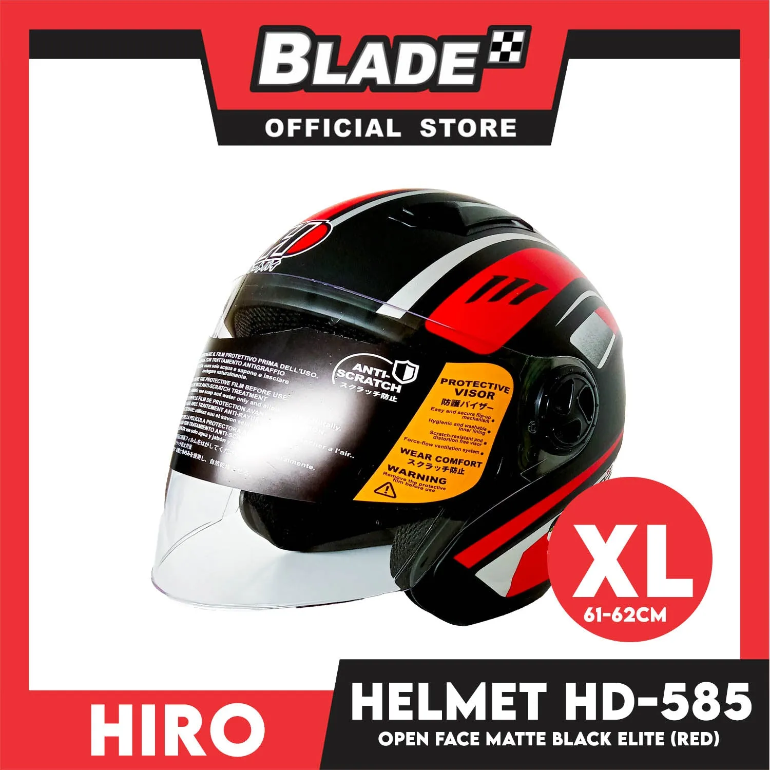 HIRO Helmet OF (XL) HD-585 Matte Black Elite Red Color (Open Face, Half Face)