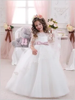 Lace Tulle Jewel 1/2 Sleeves Flower Girl Dresses Floor Length Ball Gown