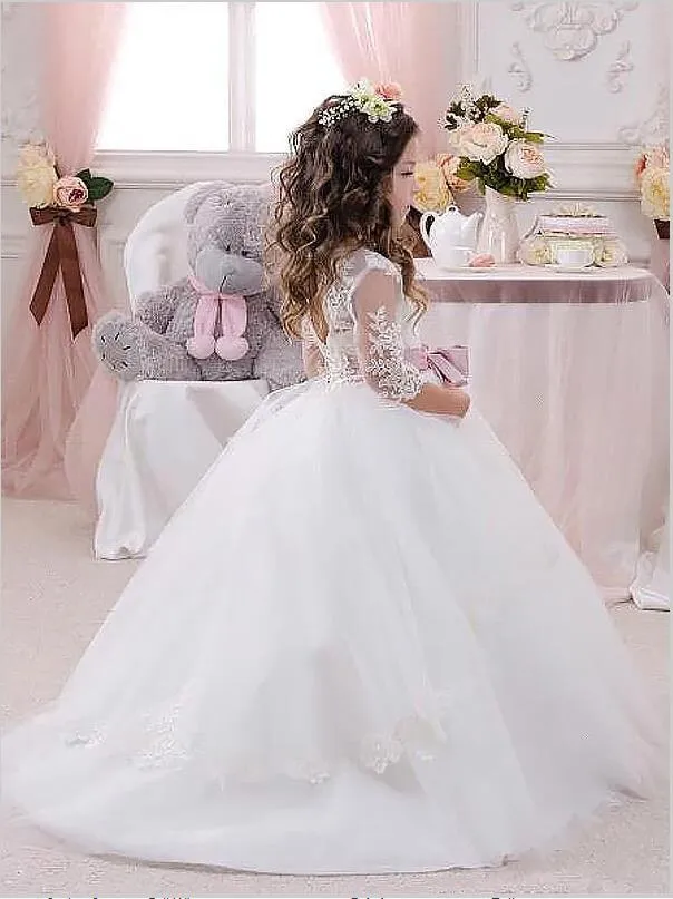 Lace Tulle Jewel 1/2 Sleeves Flower Girl Dresses Floor Length Ball Gown
