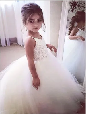 Lace Tulle Jewel Straps Flower Girl Dresses Floor Length Ball Gown