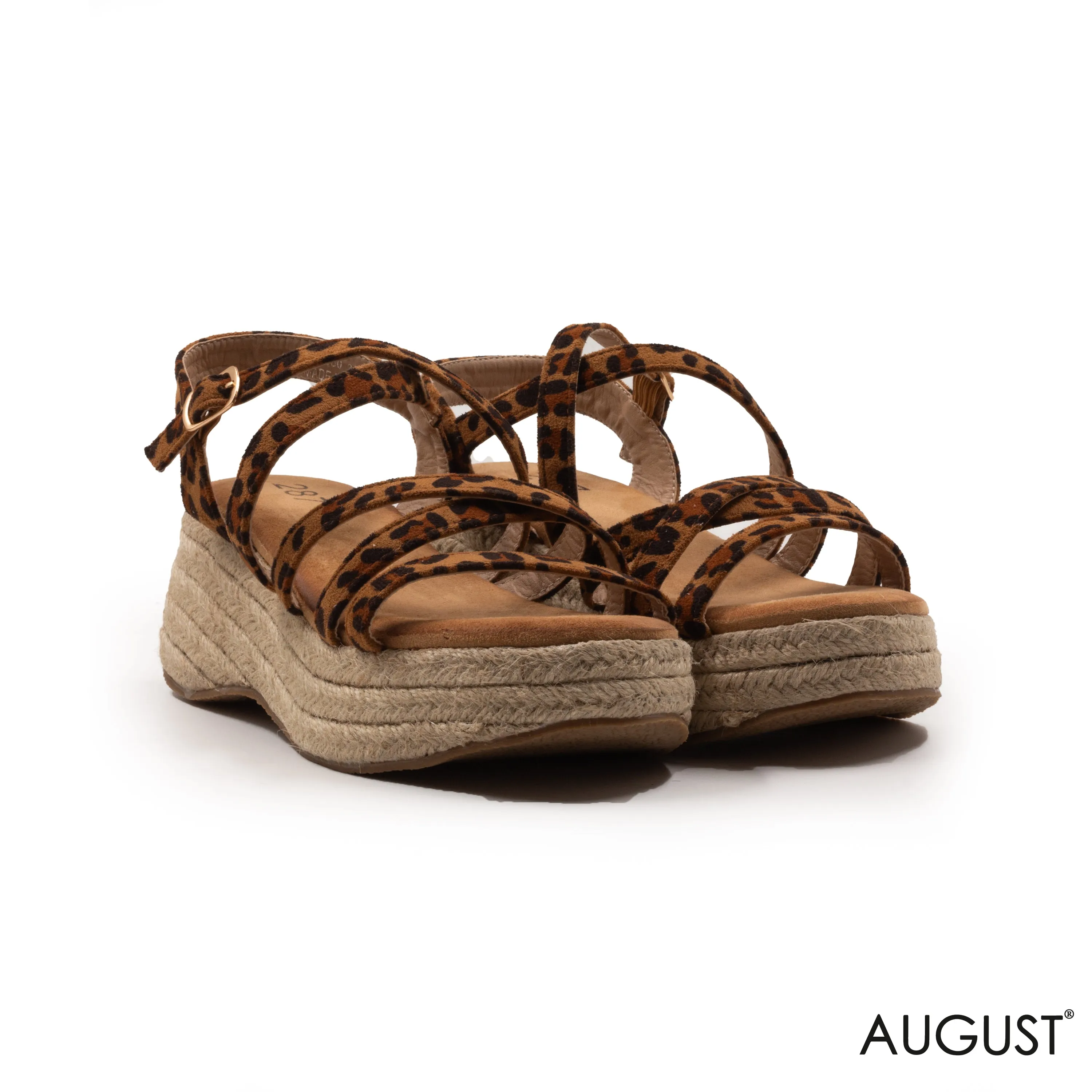 LEOPARD LEATHER STRAPPY SANDALS WITH WEDGE SOLE