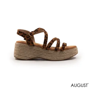 LEOPARD LEATHER STRAPPY SANDALS WITH WEDGE SOLE