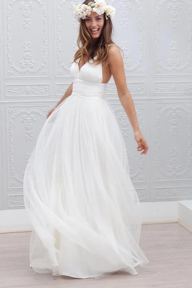 Long Simple Beach Wedding Gowns,Sexy Spaghetti Straps Backless Wedding Dresses,SVD532