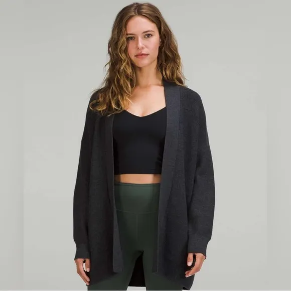 Lululemon Merino Wool-Blend Ribbed Long WrapSweater in Heathered Black