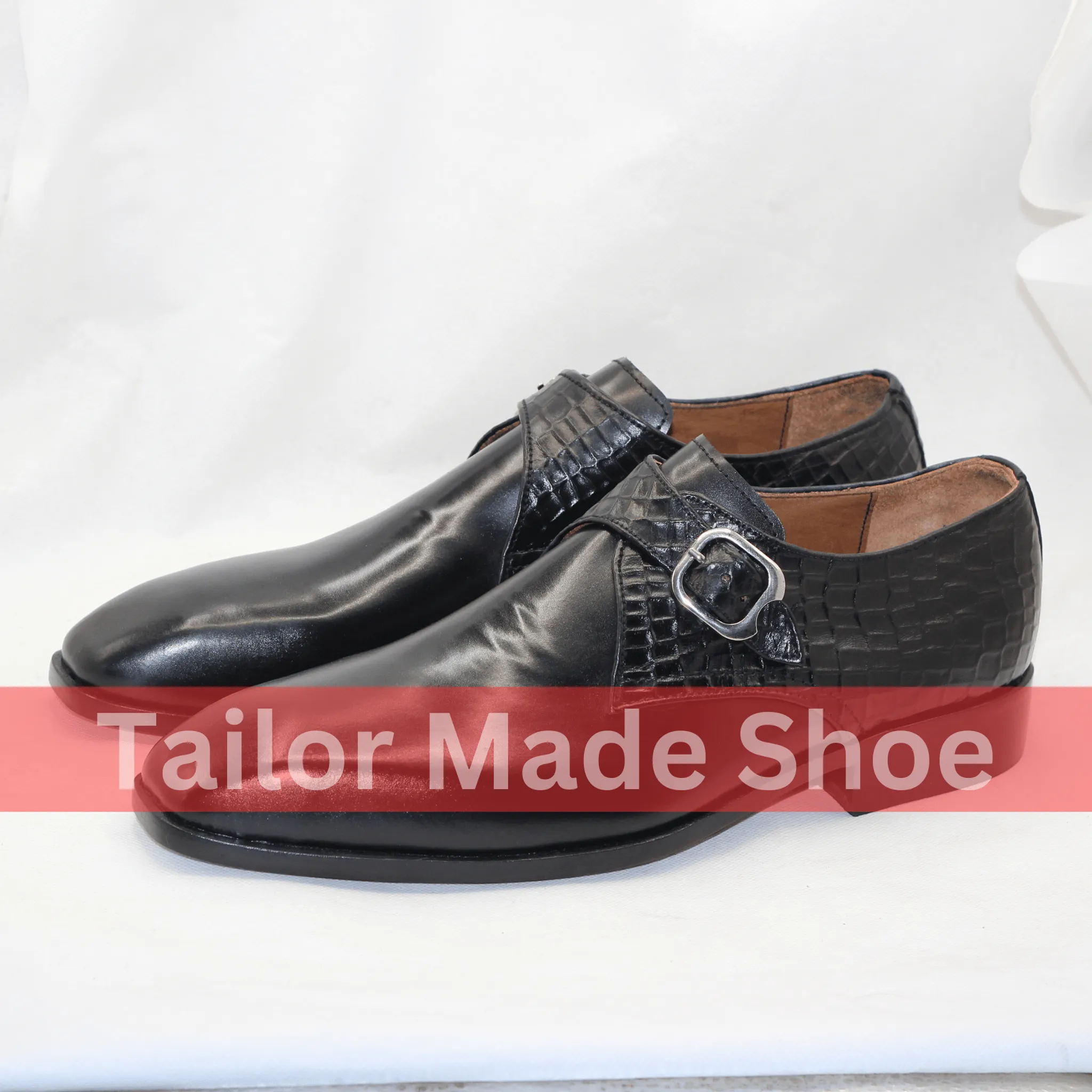Luxury Handmade Black Monk Strap Shoes with Crocodile Detail Handcrafted Crocodile Pattern Leather Monk Strap Shoes