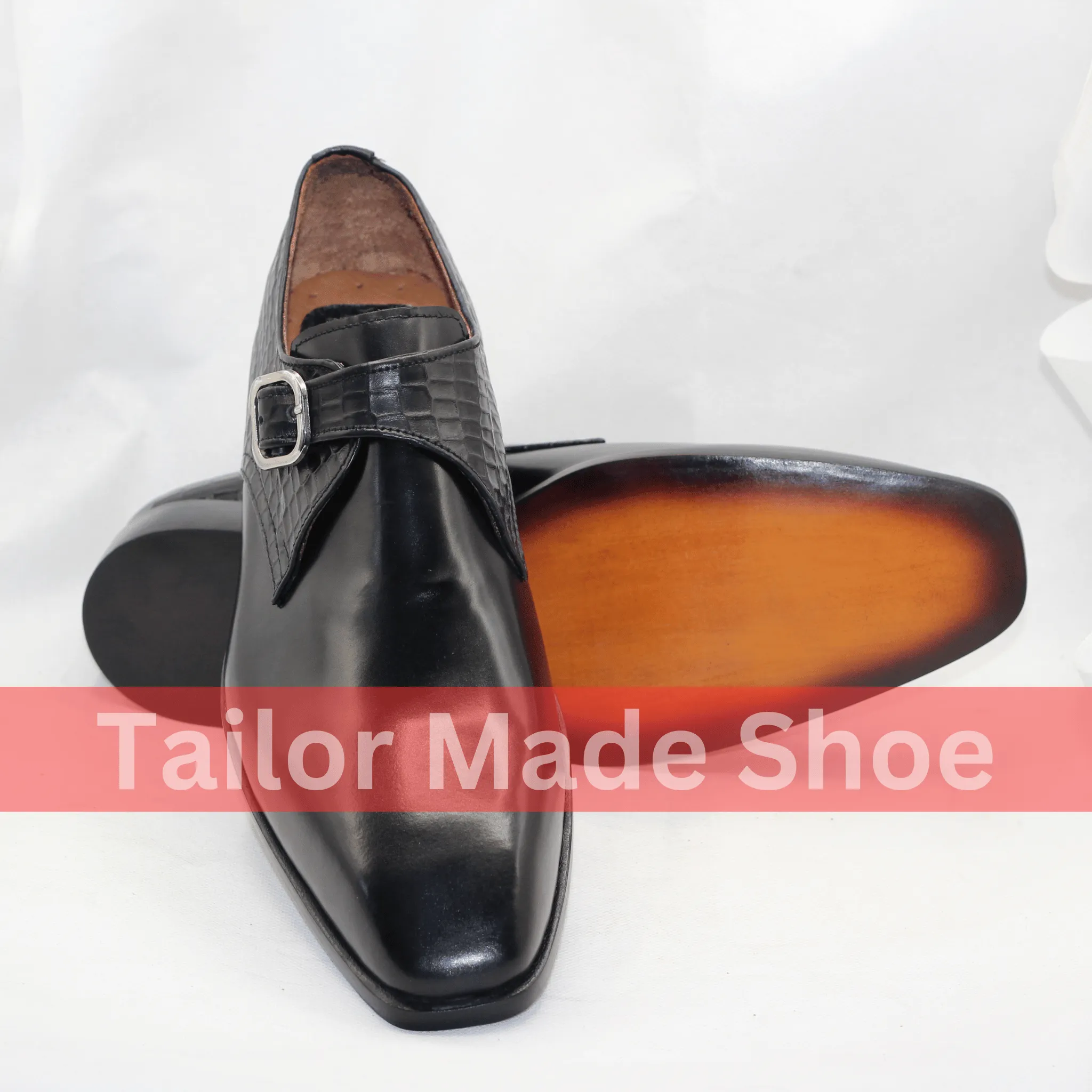 Luxury Handmade Black Monk Strap Shoes with Crocodile Detail Handcrafted Crocodile Pattern Leather Monk Strap Shoes