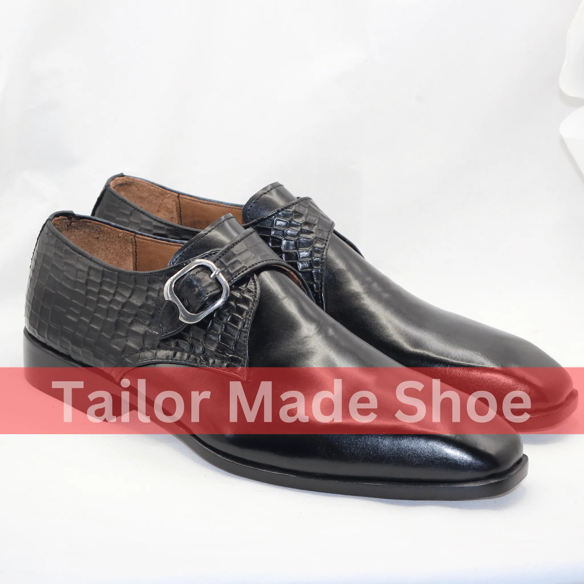 Luxury Handmade Black Monk Strap Shoes with Crocodile Detail Handcrafted Crocodile Pattern Leather Monk Strap Shoes
