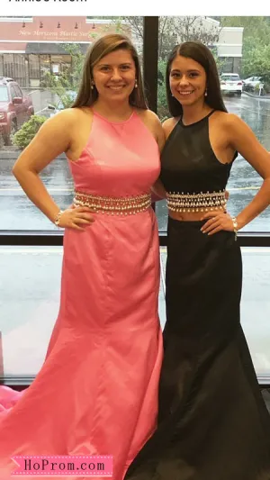 Mermaid Halter Two Piece Black Prom Dress Pageant Dresses Gown Evening Gown Pearls Beads