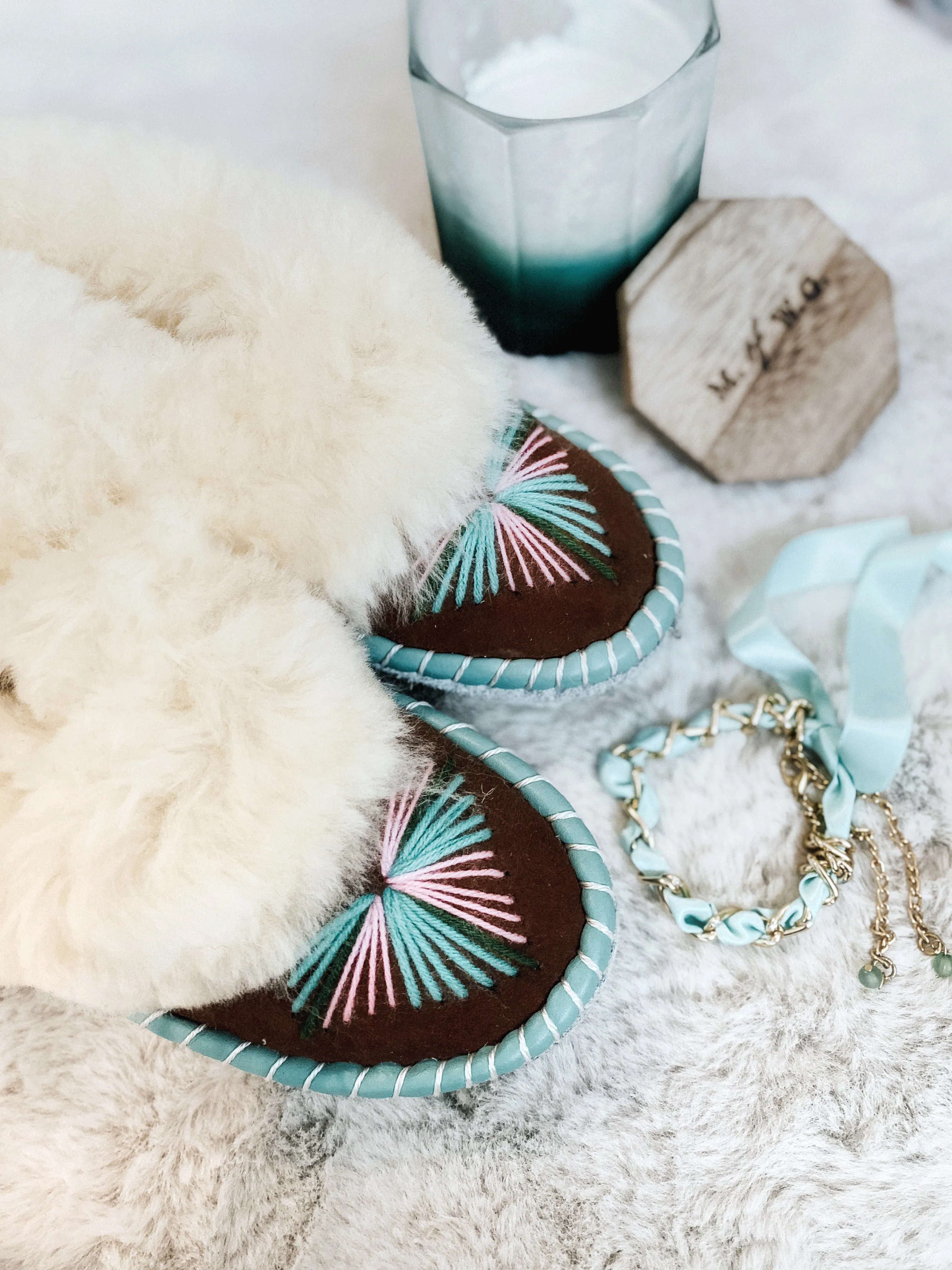 Natural Fur Embroidered Moccasin Slippers Lucky Dip
