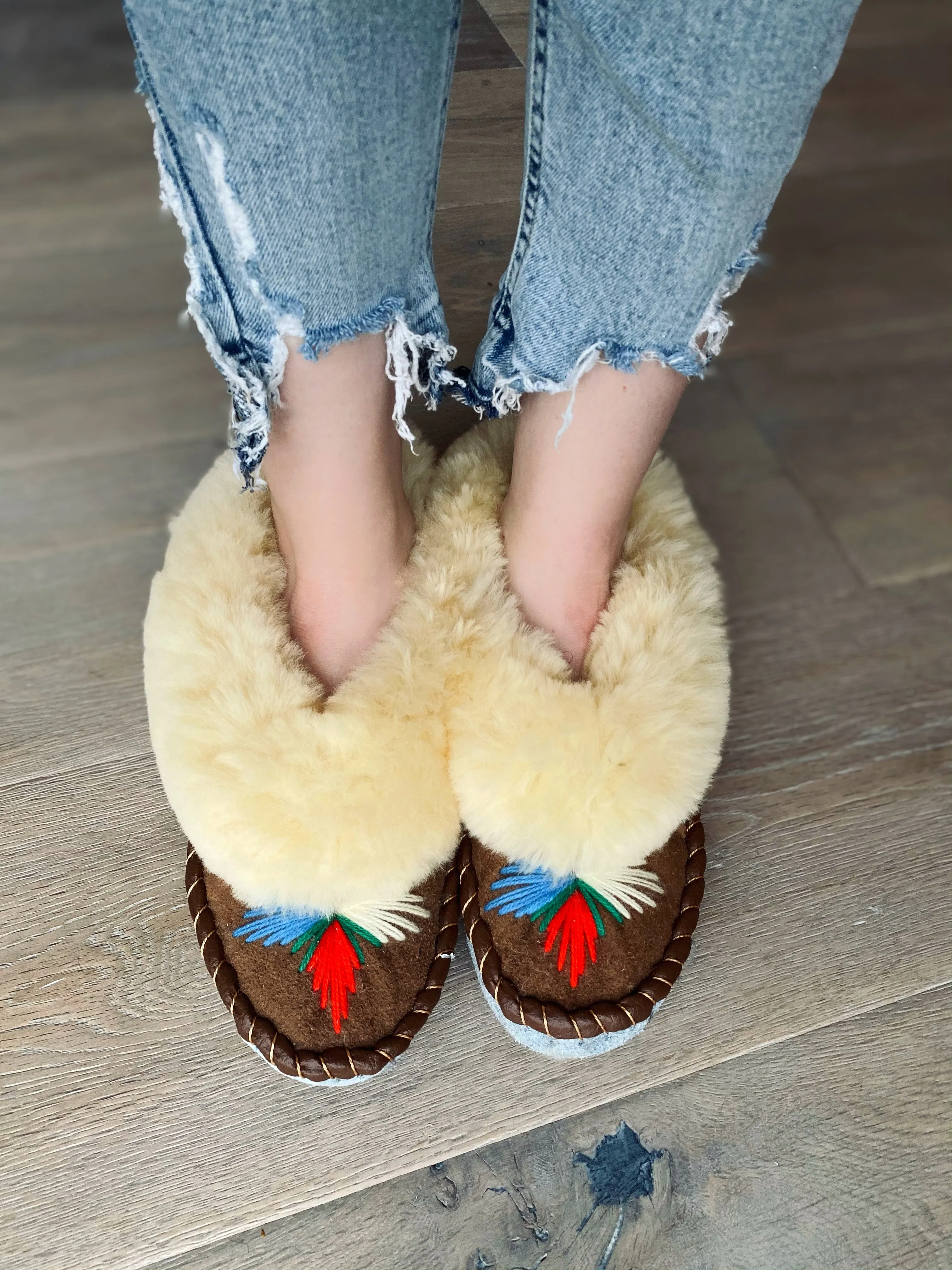 Natural Fur Embroidered Moccasin Slippers Lucky Dip