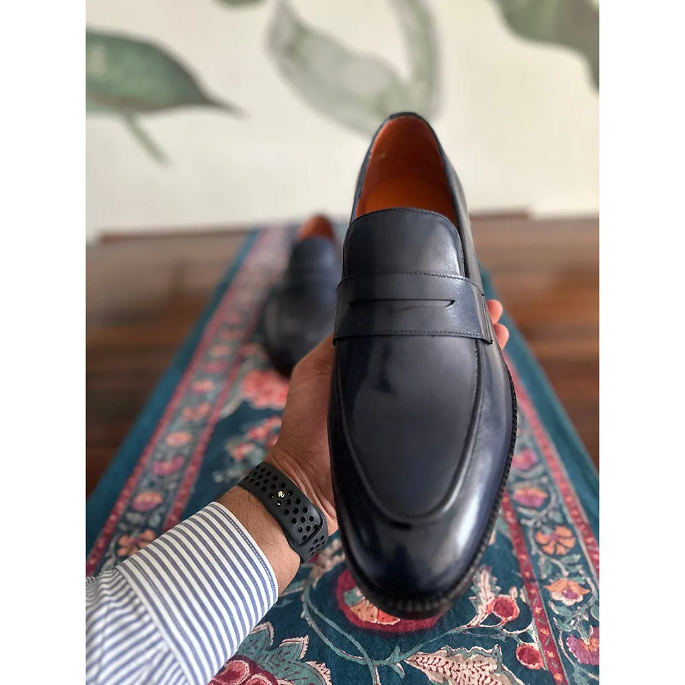 Navy Blue Mirror Glossed Patina Classic Penny Loafers