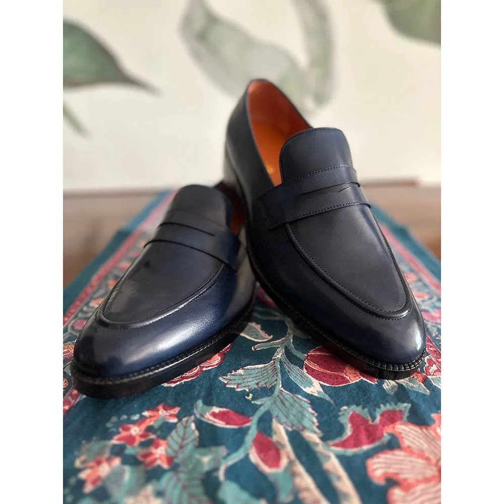 Navy Blue Mirror Glossed Patina Classic Penny Loafers