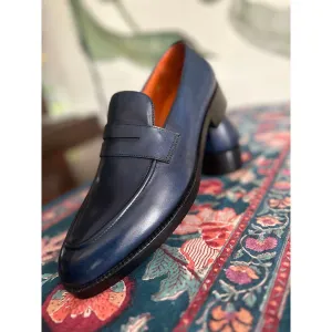 Navy Blue Mirror Glossed Patina Classic Penny Loafers