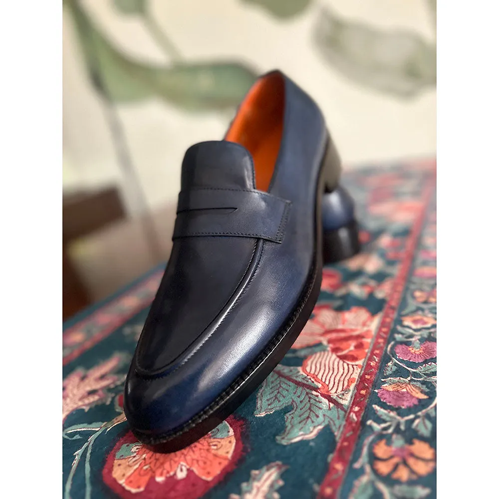 Navy Blue Mirror Glossed Patina Classic Penny Loafers