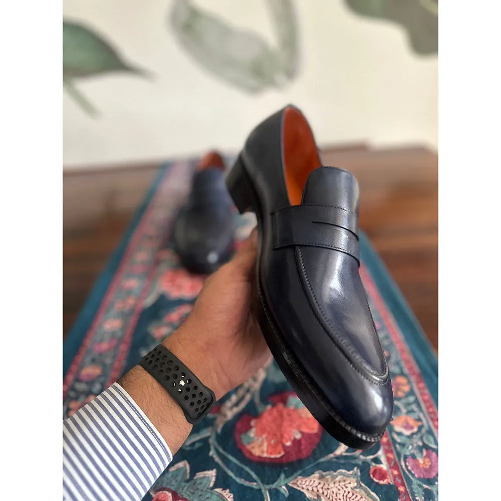 Navy Blue Mirror Glossed Patina Classic Penny Loafers