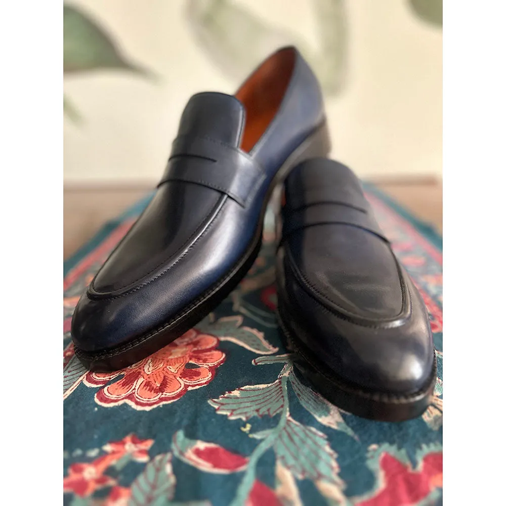 Navy Blue Mirror Glossed Patina Classic Penny Loafers