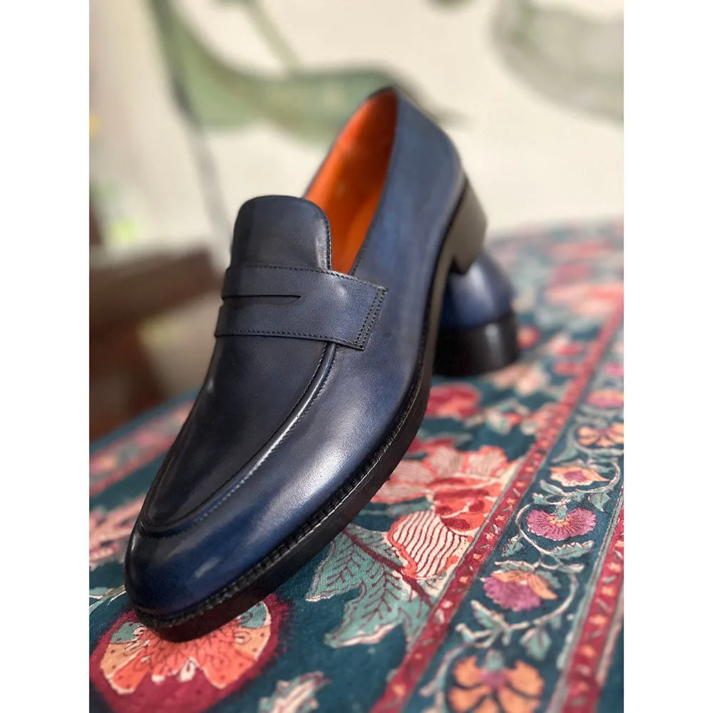 Navy Blue Mirror Glossed Patina Classic Penny Loafers
