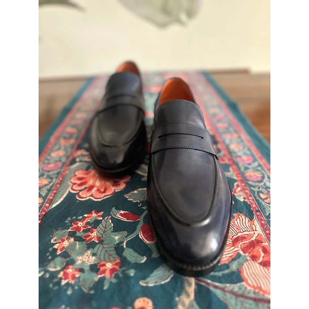 Navy Blue Mirror Glossed Patina Classic Penny Loafers