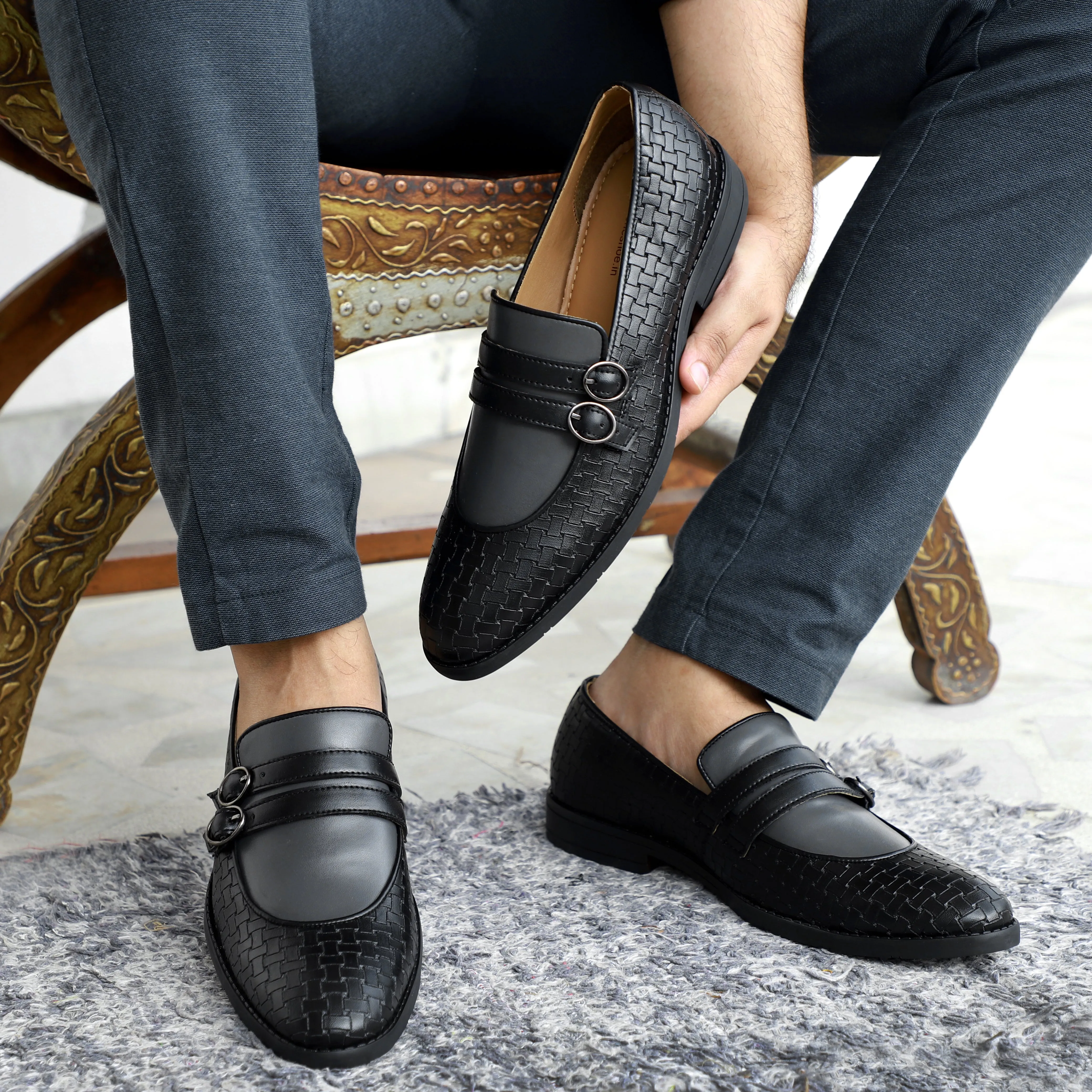NICHE Black Gray Weaved Monk Loafers