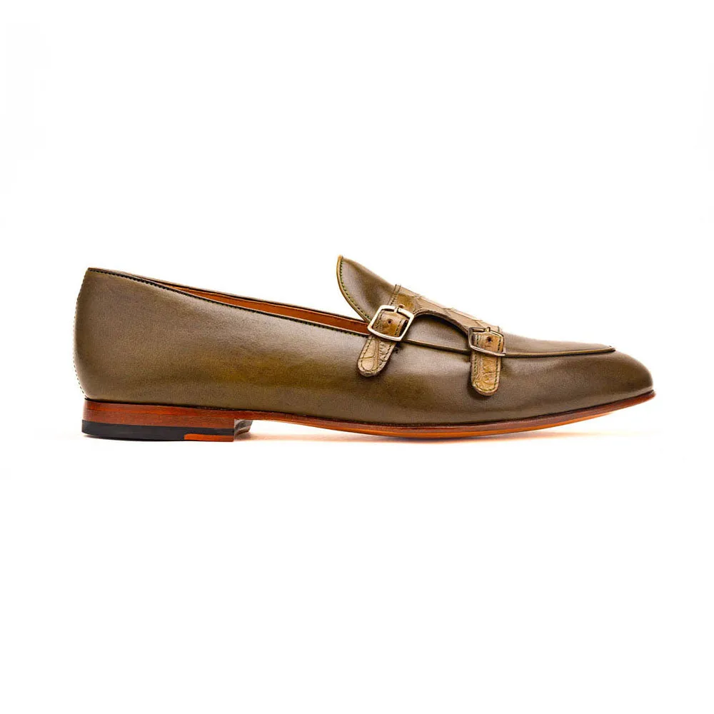 Olive Green Batwing Loafers With Croco Detail