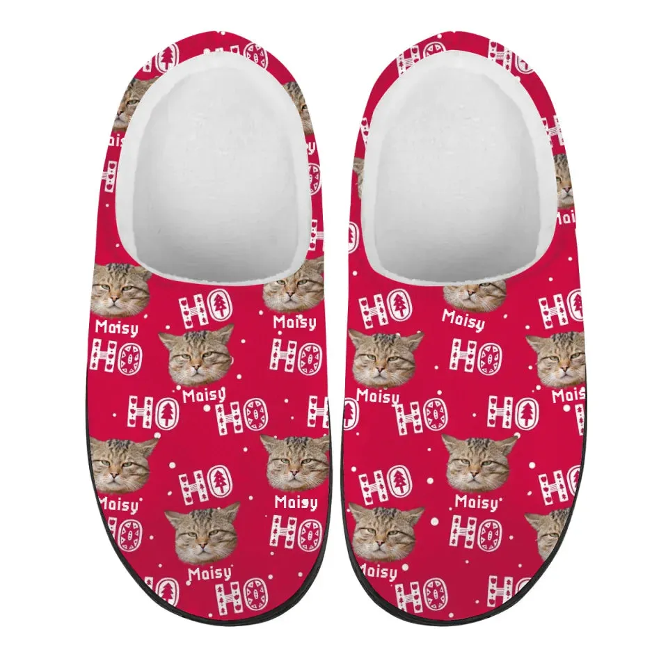 Personalized Ho Ho Ho Christmas Slippers, Custom Photo Dog Cat Unisex Plush Slippers, Gift For Pet Owners, Pet Lovers