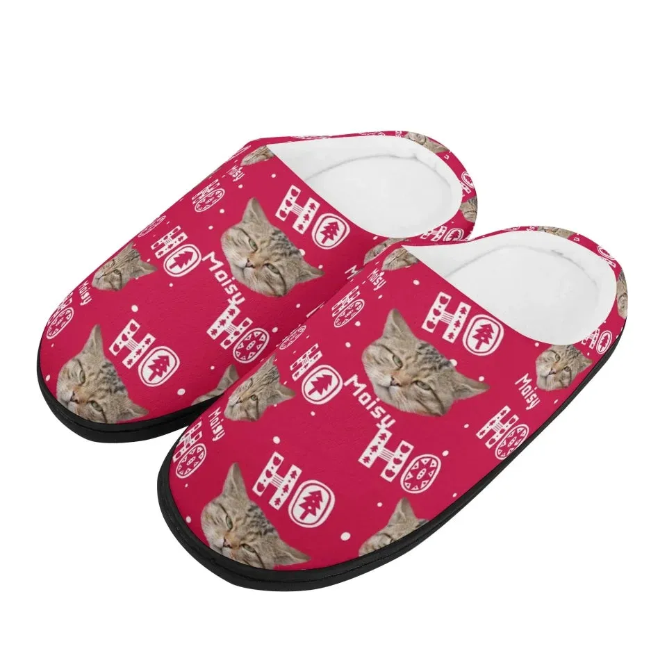 Personalized Ho Ho Ho Christmas Slippers, Custom Photo Dog Cat Unisex Plush Slippers, Gift For Pet Owners, Pet Lovers