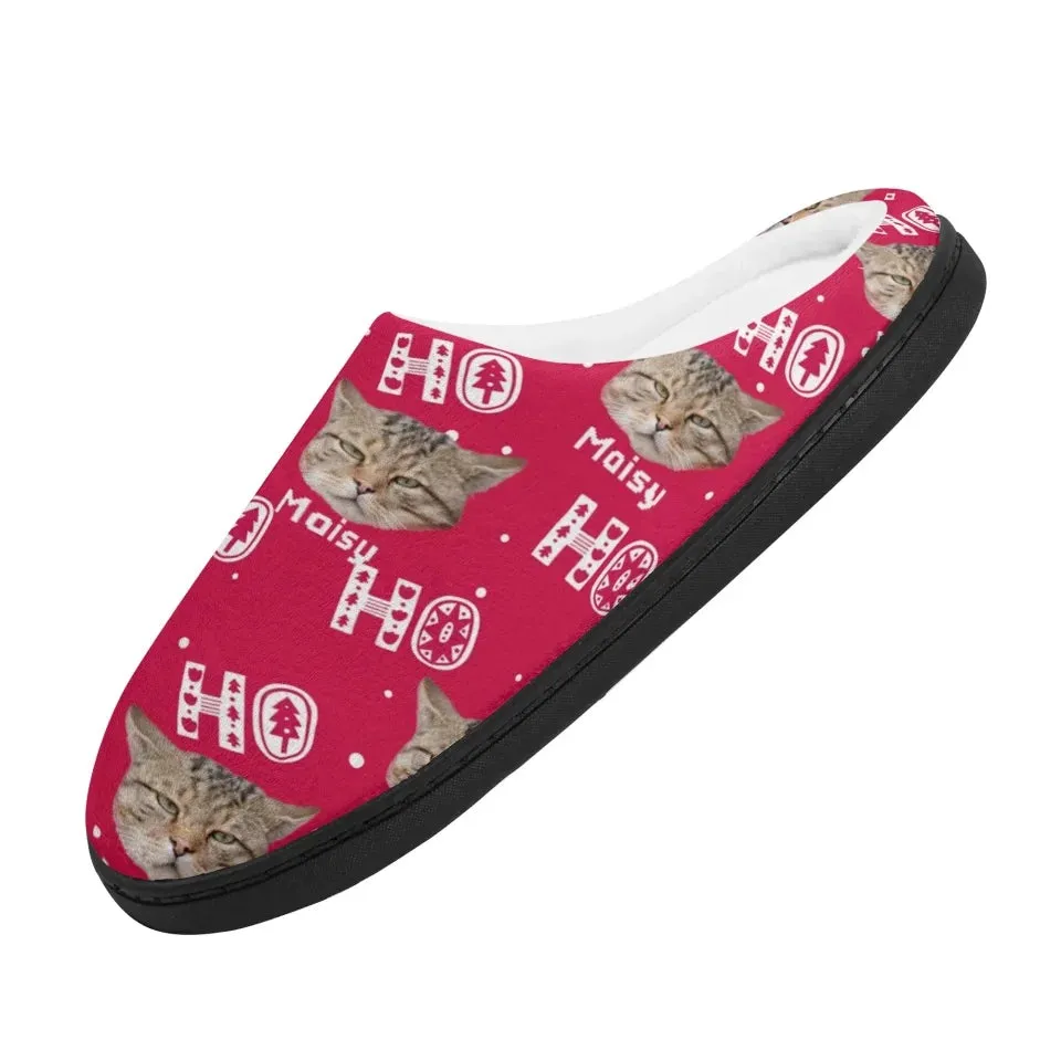 Personalized Ho Ho Ho Christmas Slippers, Custom Photo Dog Cat Unisex Plush Slippers, Gift For Pet Owners, Pet Lovers