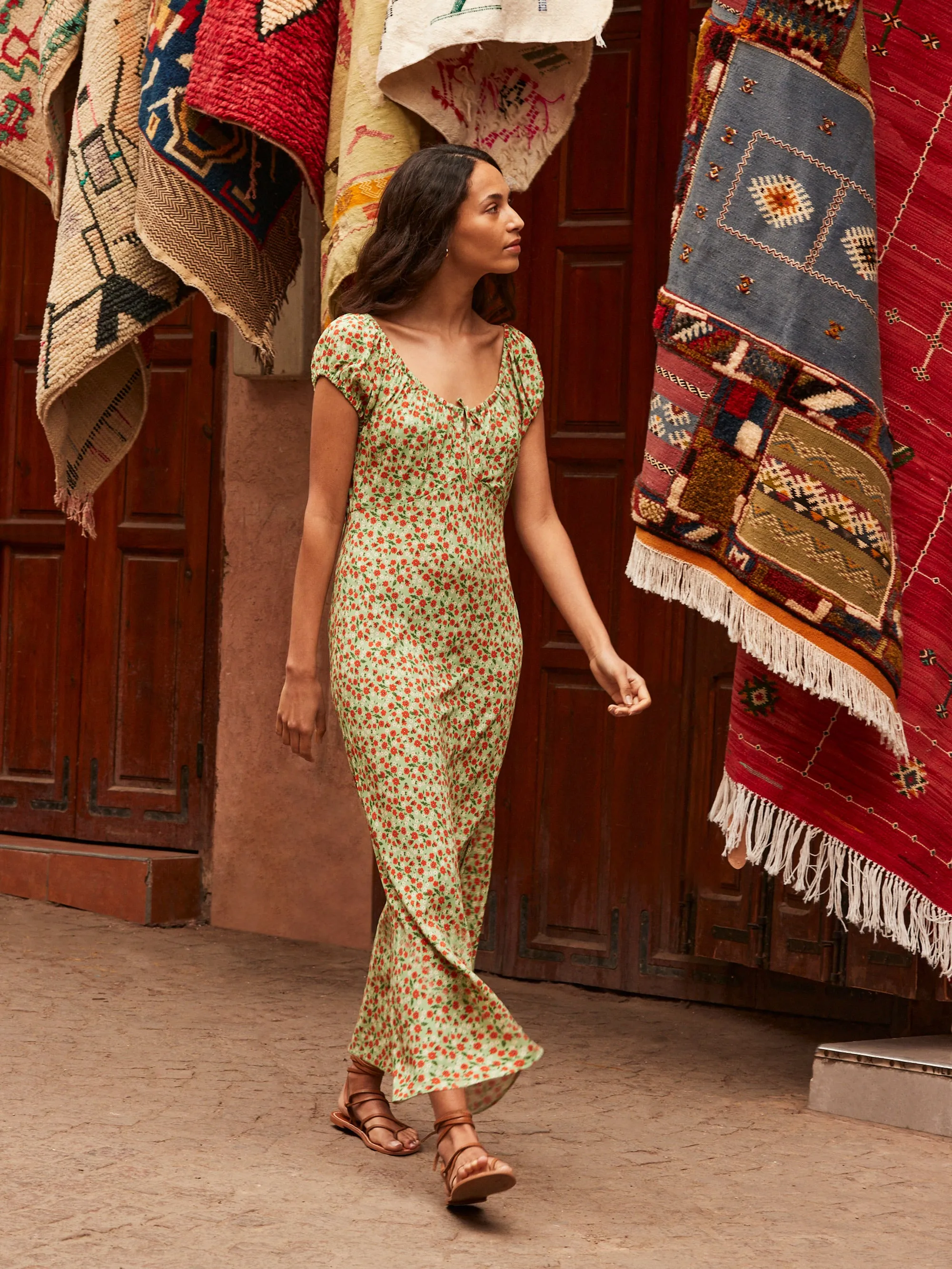 Petite Green Floral Gathered Neckline Midi Dress