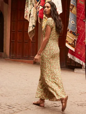 Petite Green Floral Gathered Neckline Midi Dress