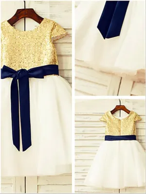 Princess Tulle Short Sleeves Sequin Flower Girl Dresses With Bowknot