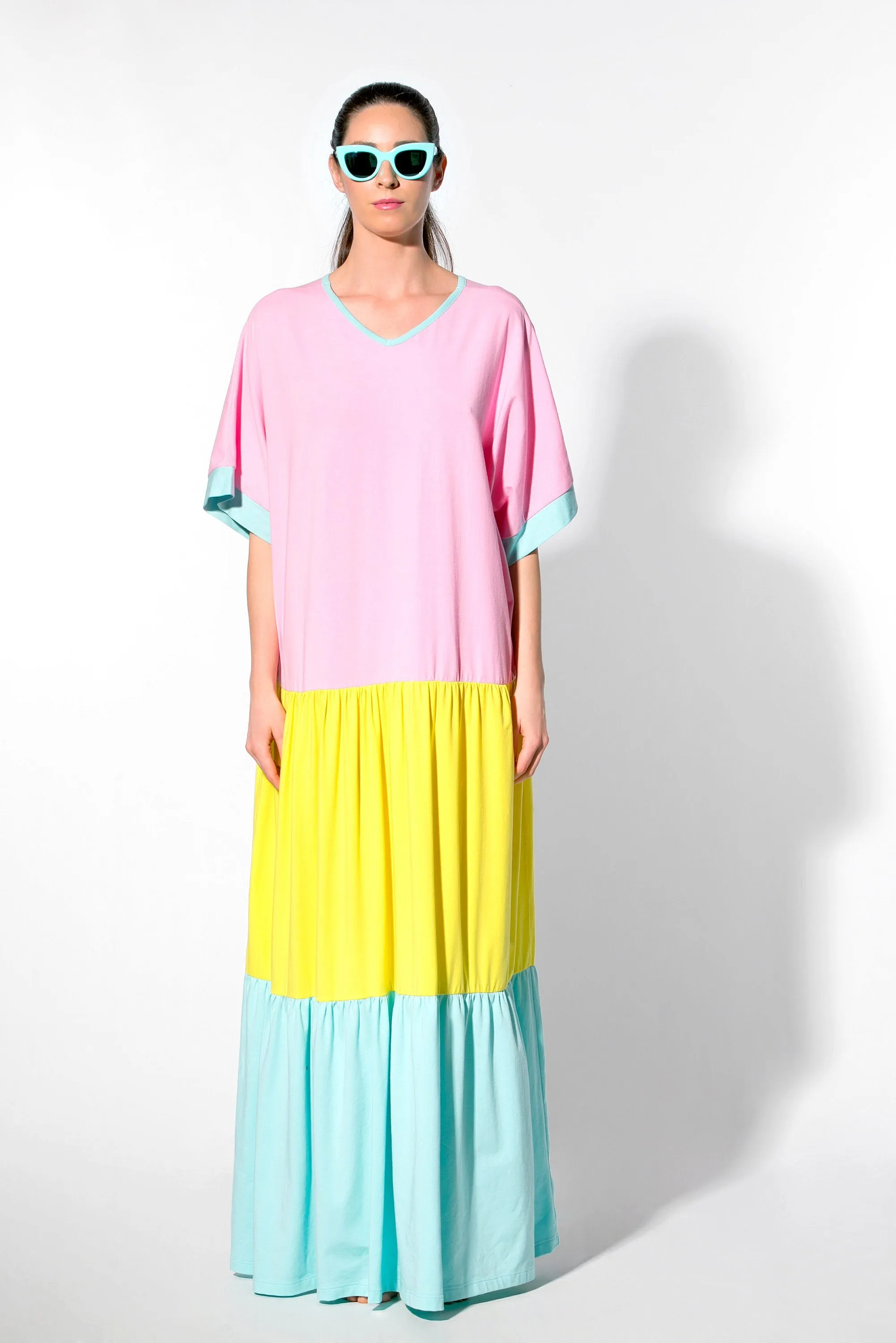 Rainbow Summer Boho Maxi Dress in Pastel Pink-Yellow-Blue for Ladies and Girls