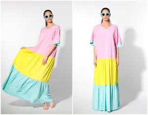 Rainbow Summer Boho Maxi Dress in Pastel Pink-Yellow-Blue for Ladies and Girls