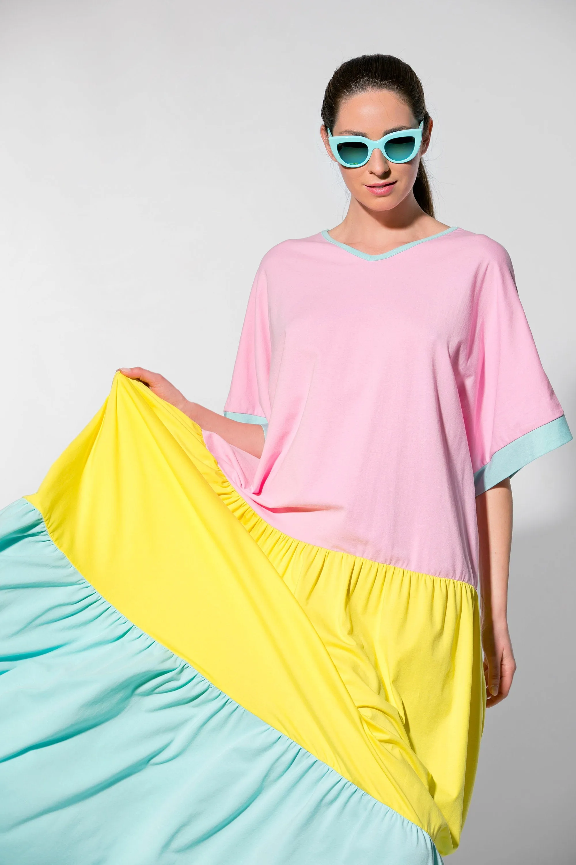 Rainbow Summer Boho Maxi Dress in Pastel Pink-Yellow-Blue for Ladies and Girls