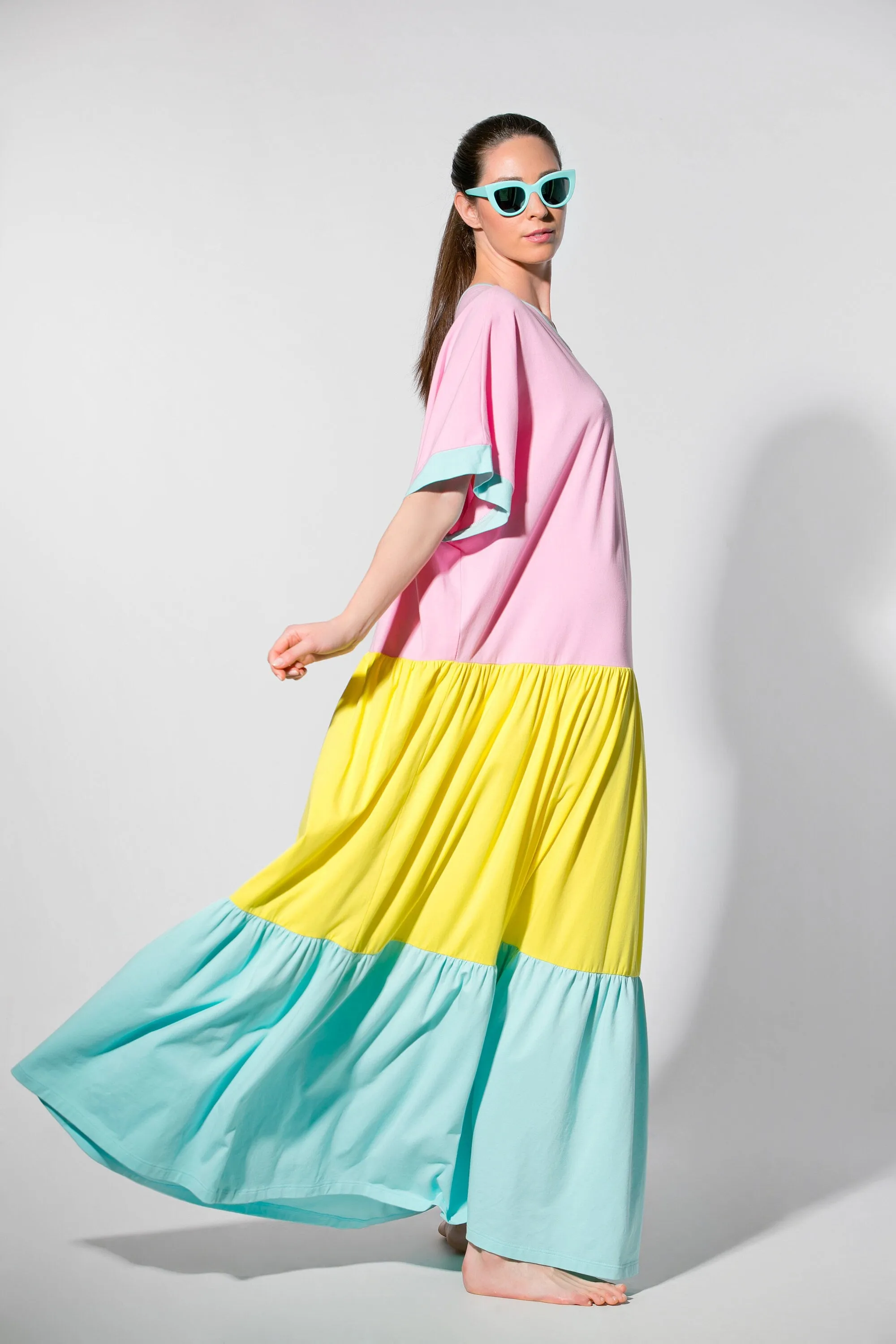 Rainbow Summer Boho Maxi Dress in Pastel Pink-Yellow-Blue for Ladies and Girls