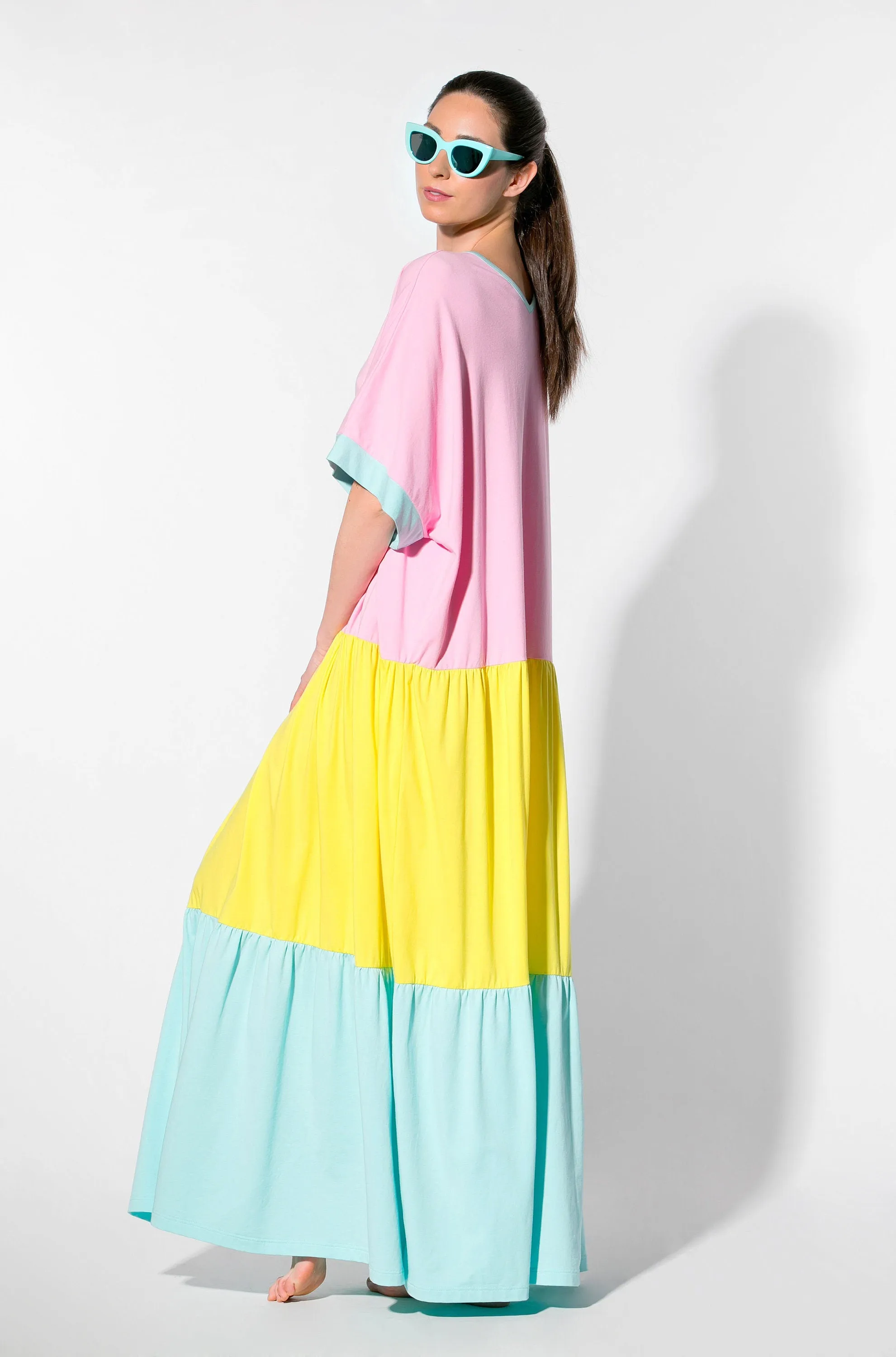 Rainbow Summer Boho Maxi Dress in Pastel Pink-Yellow-Blue for Ladies and Girls