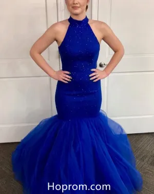 Royal Blue Halter Mermaid Prom Dress with Beadings