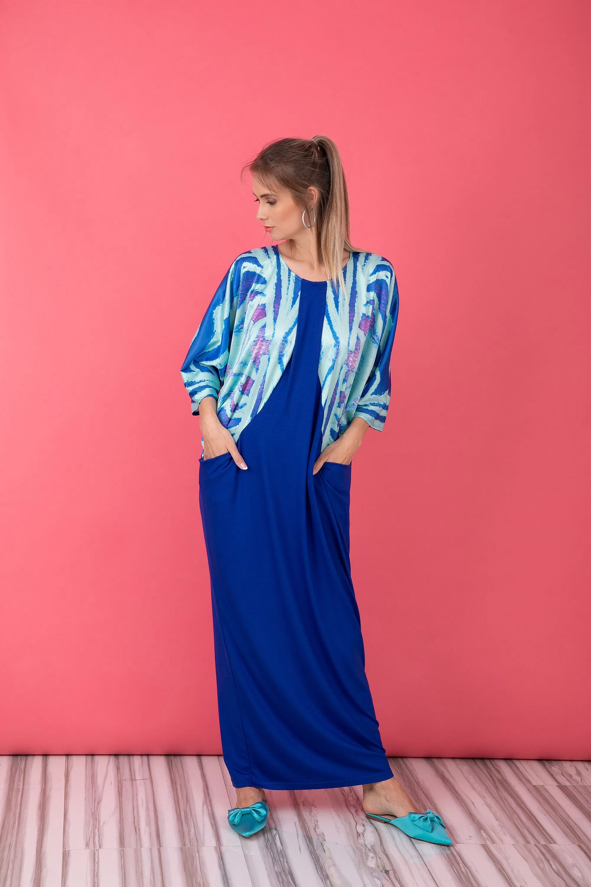 Satin Caftan Dress, Long Sleeve Maxi Dress In Blue, Turquoise Caftan Dress, Plus Size Clothing Women