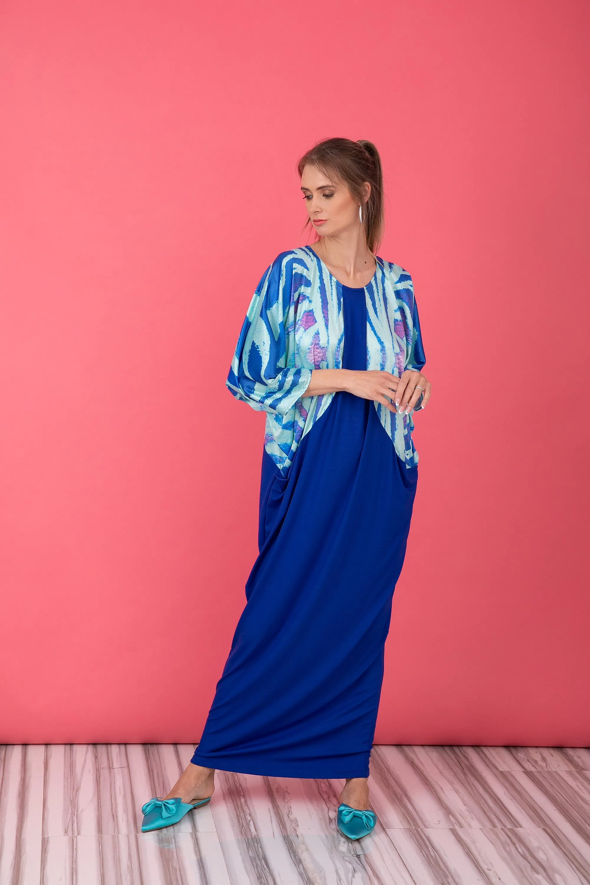 Satin Caftan Dress, Long Sleeve Maxi Dress In Blue, Turquoise Caftan Dress, Plus Size Clothing Women