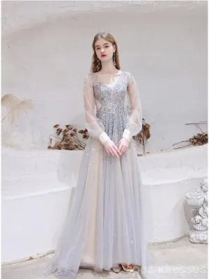 See Through A-line Long Sleeves V-neck Backless Prom Dresses Online,12760