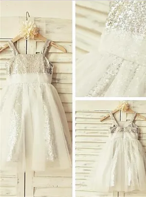 Sequin Chiffon Princess Scoop Sleeveless Flower Girl Dresses Floor Length Dress