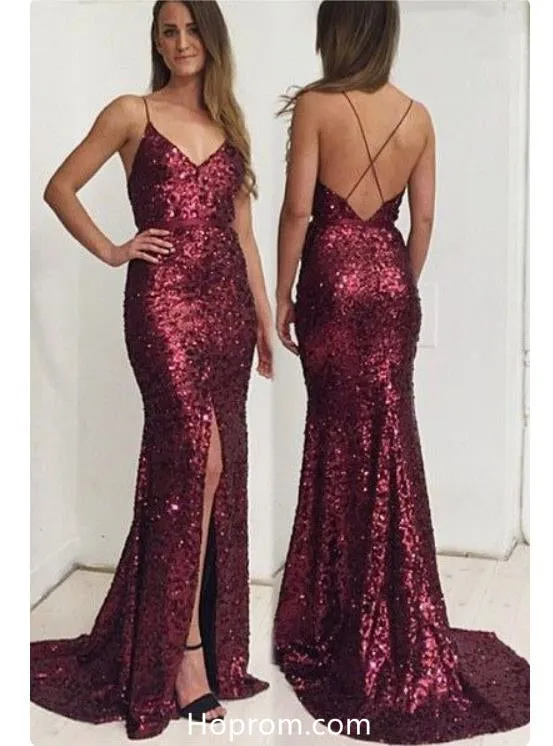 Sequine Burgundy Prom Dress Spaghetti Straps Slit Evening Dresses