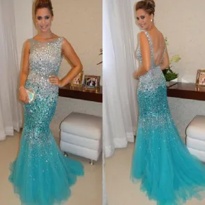 Sleeveless Prom Dresses,Blue Prom Dress, Long Evening Dress