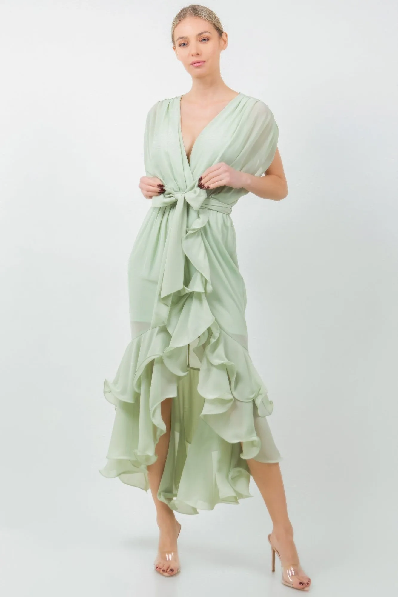 Solid Tie Waist Ruffle Midi Dress