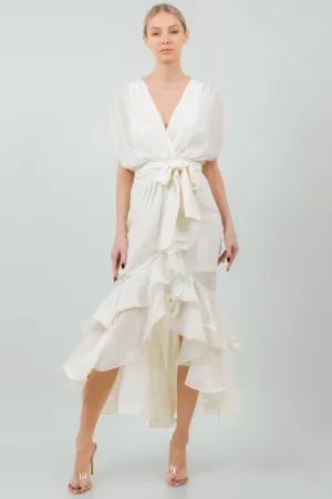 Solid Tie Waist Ruffle Midi Dress