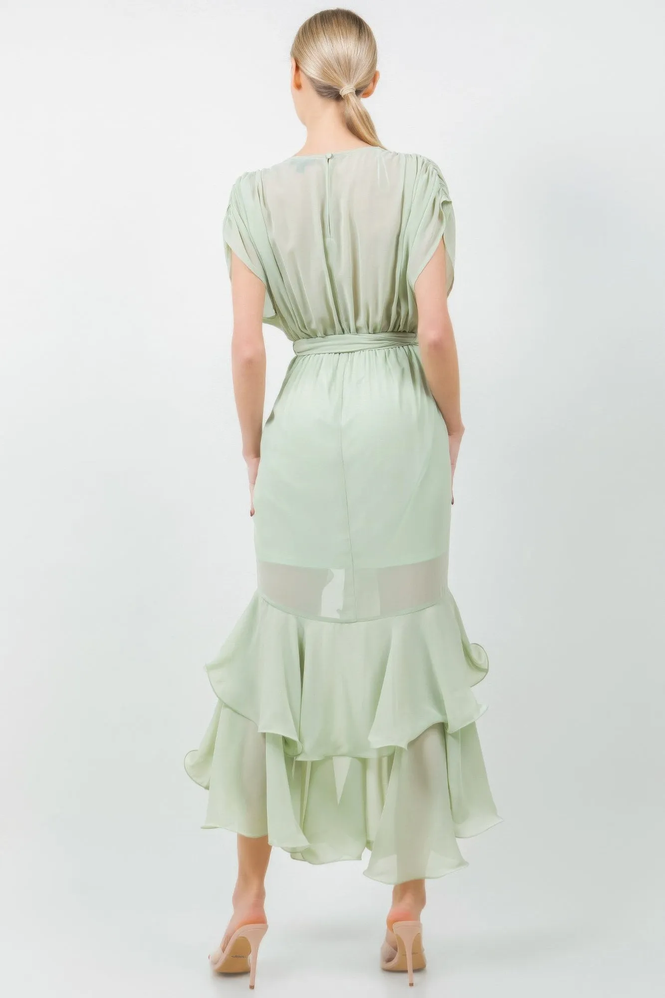 Solid Tie Waist Ruffle Midi Dress