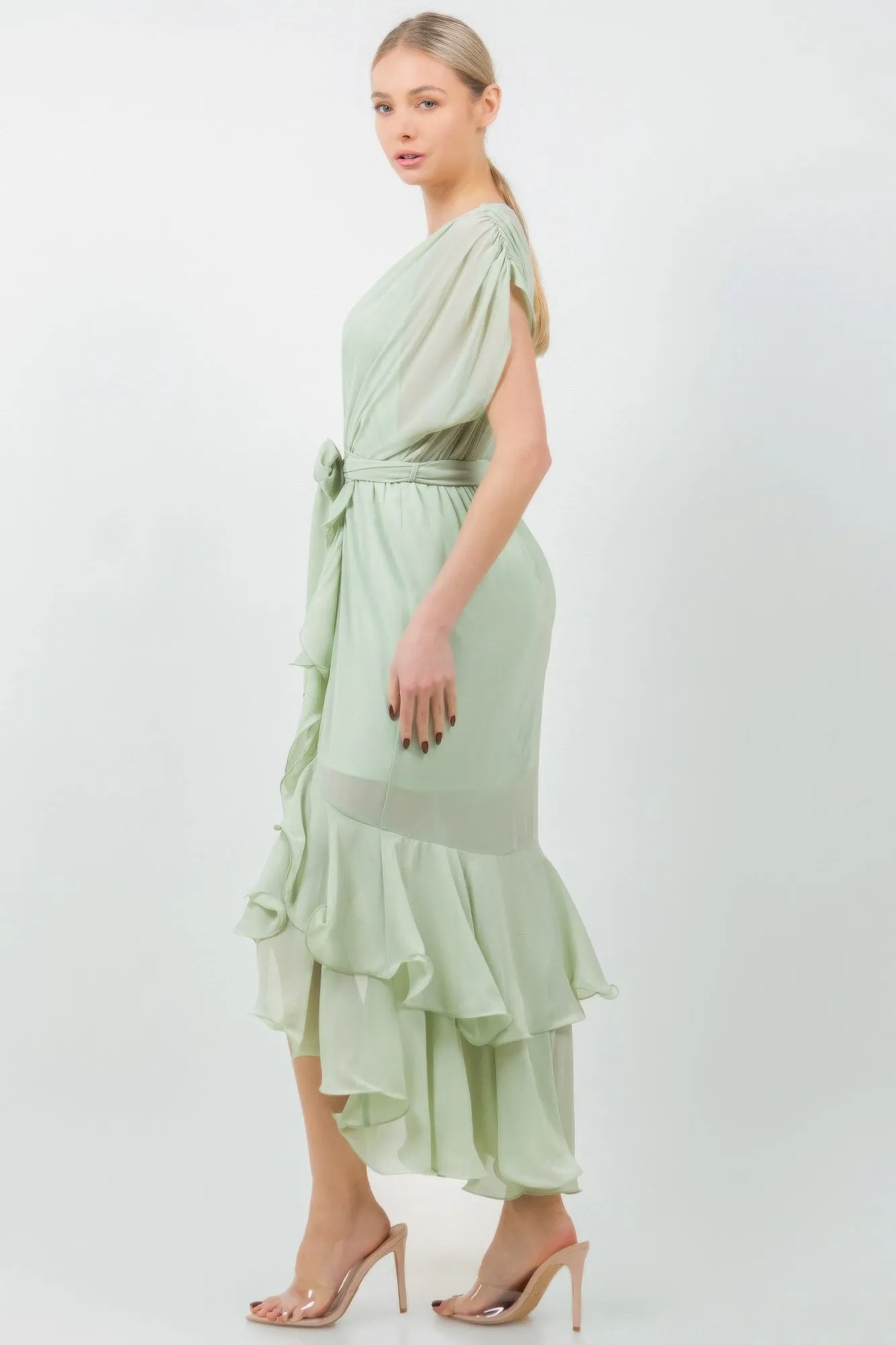Solid Tie Waist Ruffle Midi Dress