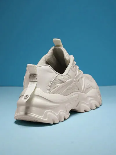 Sporty Beige Chunky Shoes For Women, Patch Decor Lace Up Fabric Sneakers