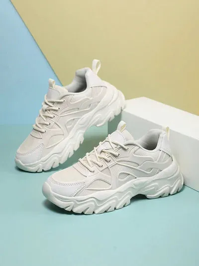Sporty Beige Chunky Shoes For Women, Patch Decor Lace Up Fabric Sneakers