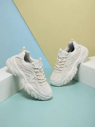 Sporty Beige Chunky Shoes For Women, Patch Decor Lace Up Fabric Sneakers